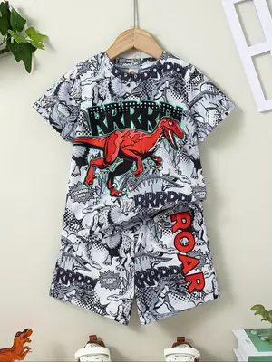 Two-Piece Set Boy's Cartoon Print Short Sleeve Tee & Shorts Set, Casual Round Neck T-shirt & Shorts, Summer Clothes for Kids