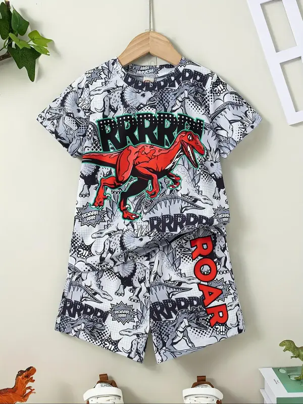 Two-Piece Set Boy's Cartoon Print Short Sleeve Tee & Shorts Set, Casual Round Neck T-shirt & Shorts, Summer Clothes for Kids