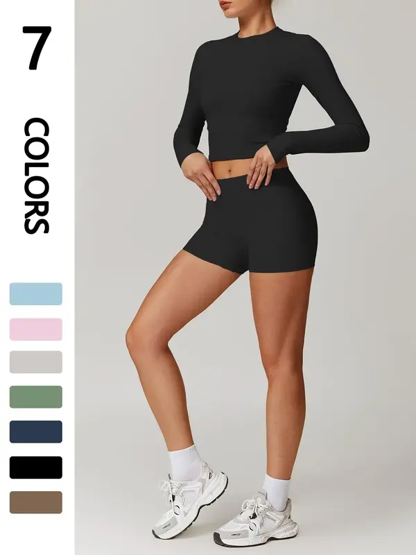 Two-piece Set Women's Solid Long Sleeve Crop Top & High Waist Shorts Sports Set, Casual Comfy Breathable Seamless Outfits for...