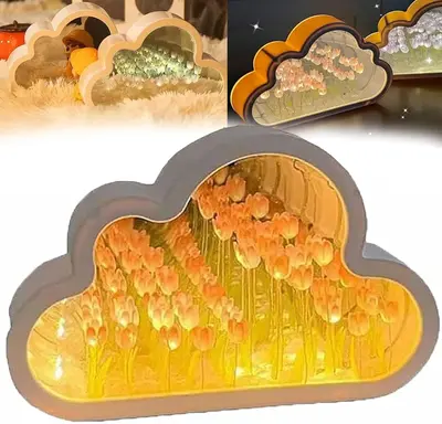 Mother’s Day 20 Flower Tulip Night Light Cloud Mirror Light Decorative Night Lamp Bedside Table Lamp Bedroom Livingroom Des...