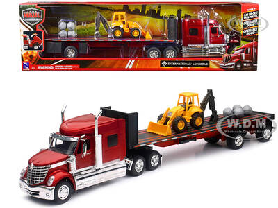 International Lonestar Truck with Flatbed Trailer Red Metallic with Front Loader and Rocks Long Haul Truckers Series 1/32 D...