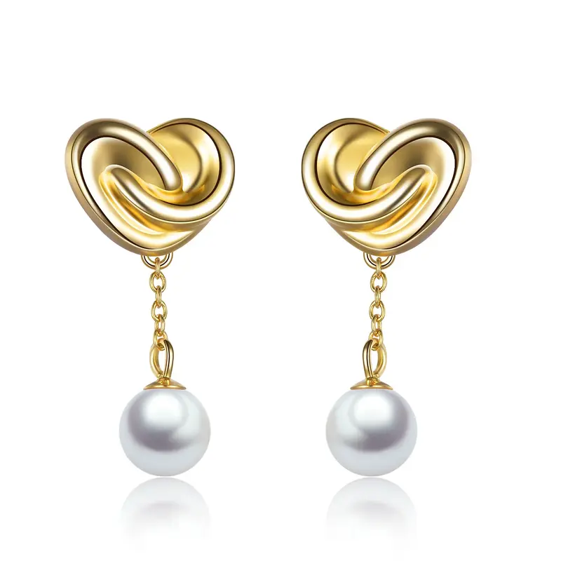 Sterling Silver with Yellow Gold Plated Round Pearl Heart Drop Earrings