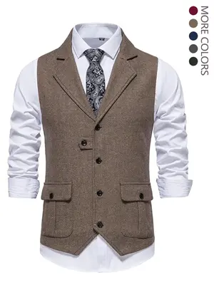 Men's Classic Colorblock Button Front Sleeveless Pocket Vintage Vest Blazer, Business Two Tone Lapel Waistcoat, Men's Clothin...