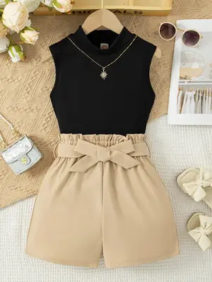 Girl's Solid Color Tank Top & Belted Shorts Two-Piece Set, Casual Sleeveless Top & Shorts for Summer, Kids Clothes for Daily ...
