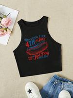 Women's Letter & Hot Dog Print Round Neck Crop Tank Top, Casual Sleeveless Crop Top for Summer, Ladies Clothes for Daily Wear...