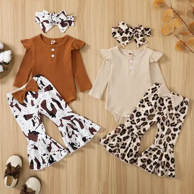 Infant Baby Girls Autumn Jumpsuit Solid Color Ribbed Fly Sleeve Round Neck Romper + Leopard/Cow Flare Pants