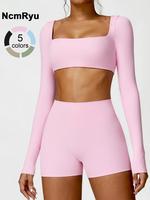 Women's Solid Long Sleeve Skinny Crop Top & High Waist Shorts Tracksuit Set, Sporty Breathable Comfy Outfits for Yoga Gym Wor...