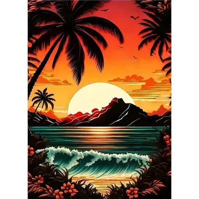 DIY 5D Diamond Painting Kit Without Frame, Sunset & Coconut Tree Pattern DIY Rhinestone Embroidery Set, Full Drill Diamond Pa...