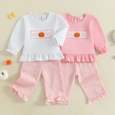 Toddler Baby Girl Halloween Outfits Long Puff Sleeve Ruffle Hem Tops + Plaid Pants Set Infant Clothes