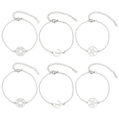 6Pcs 3 Styles 201 Stainless Steel Pentacle Link Bracelets