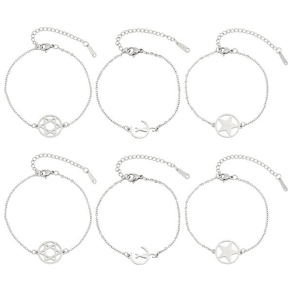 6Pcs 3 Styles 201 Stainless Steel Pentacle Link Bracelets