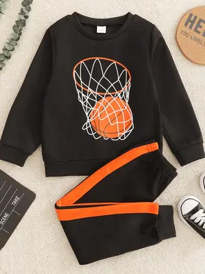 Boy's 2pcs Ball Print Sweatshirt & Side Stripe Sweatpants Set, Round Neck Long Sleeve Pullover & Elastic Waist Jogger Pants, ...