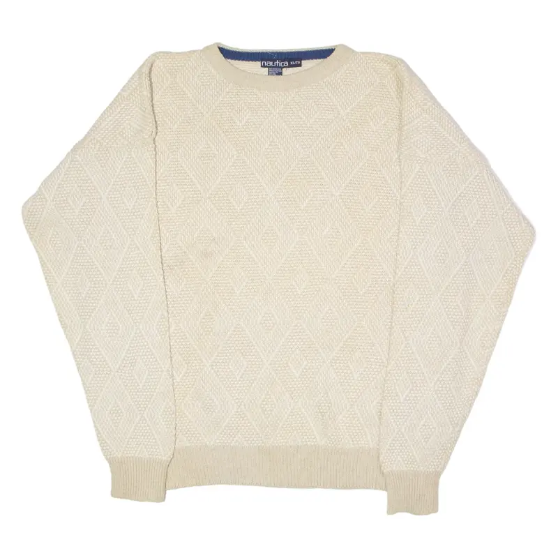Vintage NAUTICA Mens Patterned Jumper Beige Diamond Crew Neck 90s Chunky Knit XL
