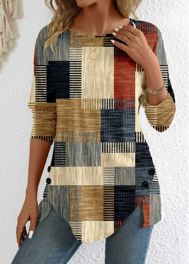 Modlily Brick Red Button Geometric Print Long Sleeve T Shirt - XXL