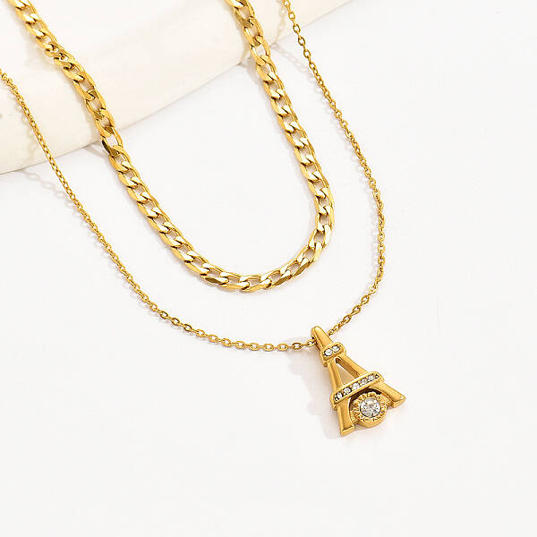 Elegant 304 Stainless Steel Tower Pendant Double Layer Necklaces