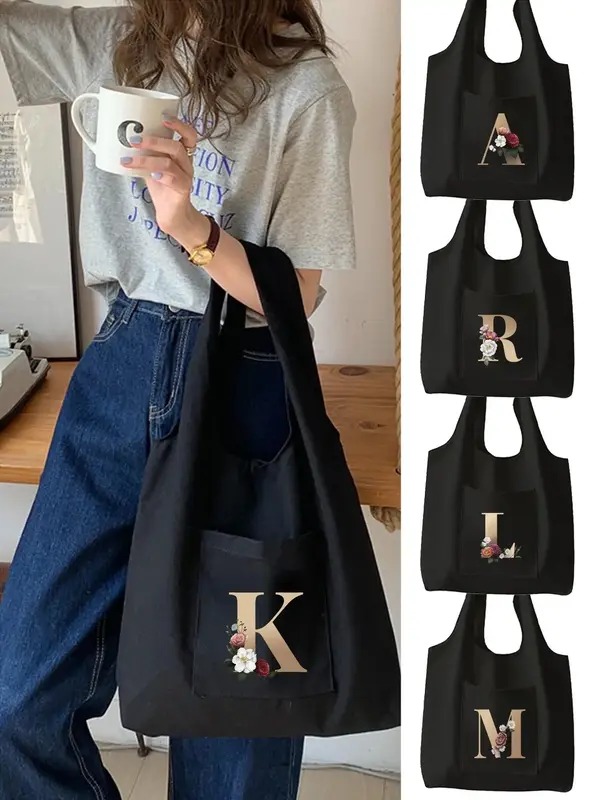 Women's Fashion Letter Pattern Canvas Shoulder Bag,  Casual Large Capacity Picnic Tote Bag, Versatile Trendy Shopping Bag for...