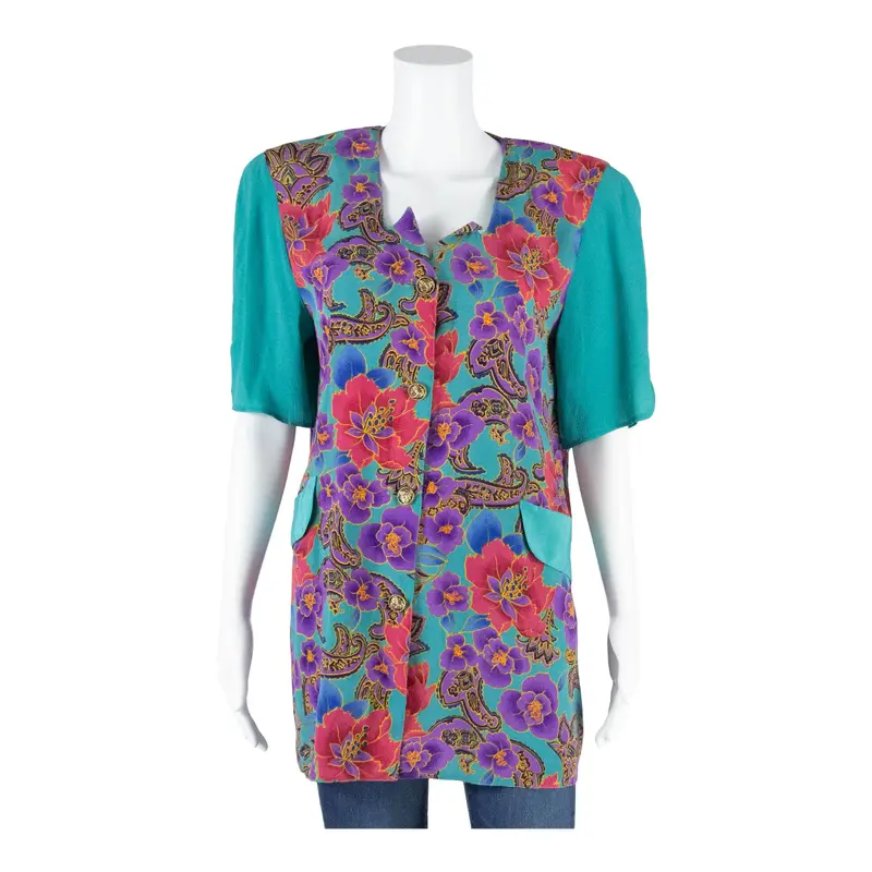 Button-Up Green Paisley Short Sleeve Womens L