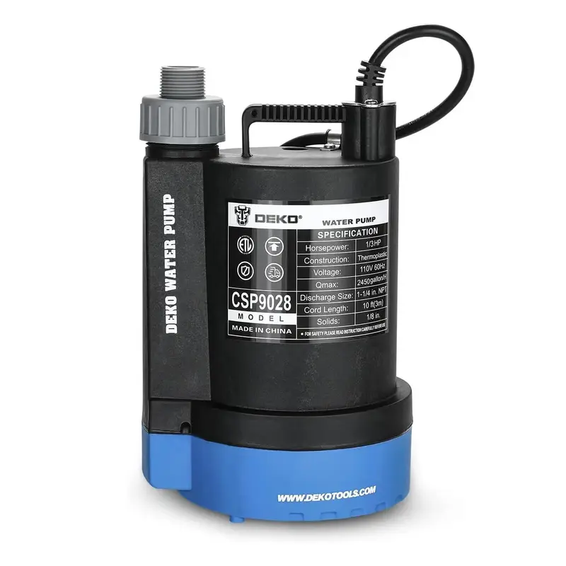 DEKO CSP9028 1/3 HP 2450GPH Submersible Water Pump, 1 Count Portable Heavy Duty Transfer Water Pump with 10-Foot Cord, Utili...