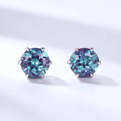 1ct Solitaire Round Cut Color-Change Alexandrite Stud Earrings Minimalist Earrings
