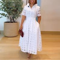 ChicMe Women's Turn-down Collar Plaid Mesh Double-Layered Cinched Waist A Line Shirt Dress Button Down Bow Tie Waist Maxi Dre...