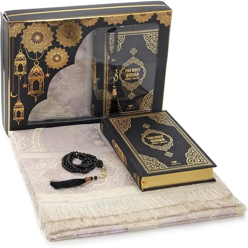 Prayer  Box for Hajj and Umrah, Quran with English Translation, Muslim Prayer Rug, Islamic Mat, Holy Quran,99 Pearly Beads Te...