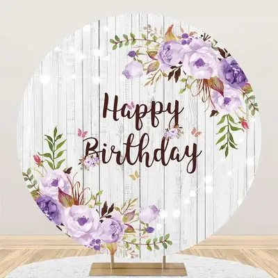 Purple Floral Leaves Wooden Round Birthday Backdrop - Aperturee