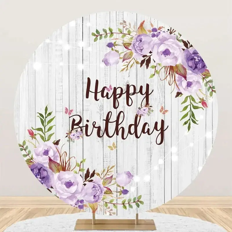 Purple Floral Leaves Wooden Round Birthday Backdrop - Aperturee