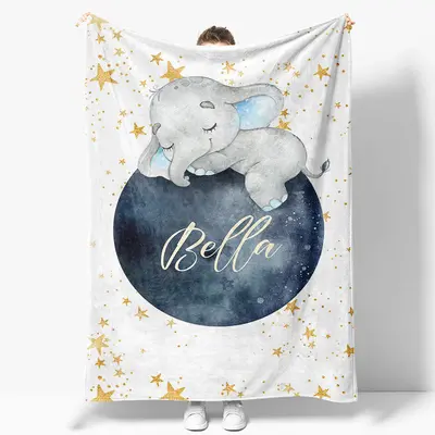 Elephant Starry Night Moon Custom Name Baby Blanket - Aperturee