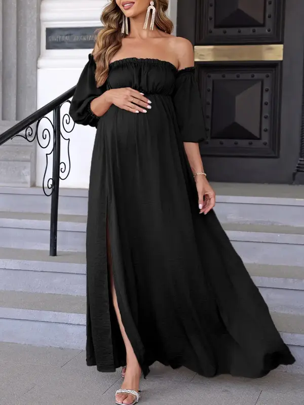 Women's Off Shoulder Frill Trim Split Thigh Backless Maternity Dress, Summer Clothes, Elegant Lantern Sleeve A Line Dress f...