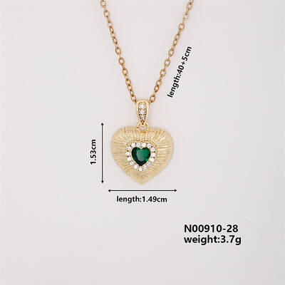 Vintage Heart-shaped Brass Micro Pave Green Cubic Zirconia Pendant Necklaces