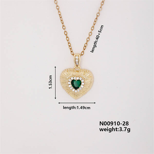 Vintage Heart-shaped Brass Micro Pave Green Cubic Zirconia Pendant Necklaces