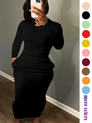 Women's Solid Pocket Long Sleeve Bodycon Dress, Casual Elegant Minimalist Round Neck Dress for Party Holiday Wedding Guest, L...