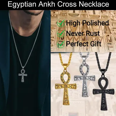 FaithHeart Egyptian Ankh Cross Pendant Necklace With Hieroglyphic Ideograph