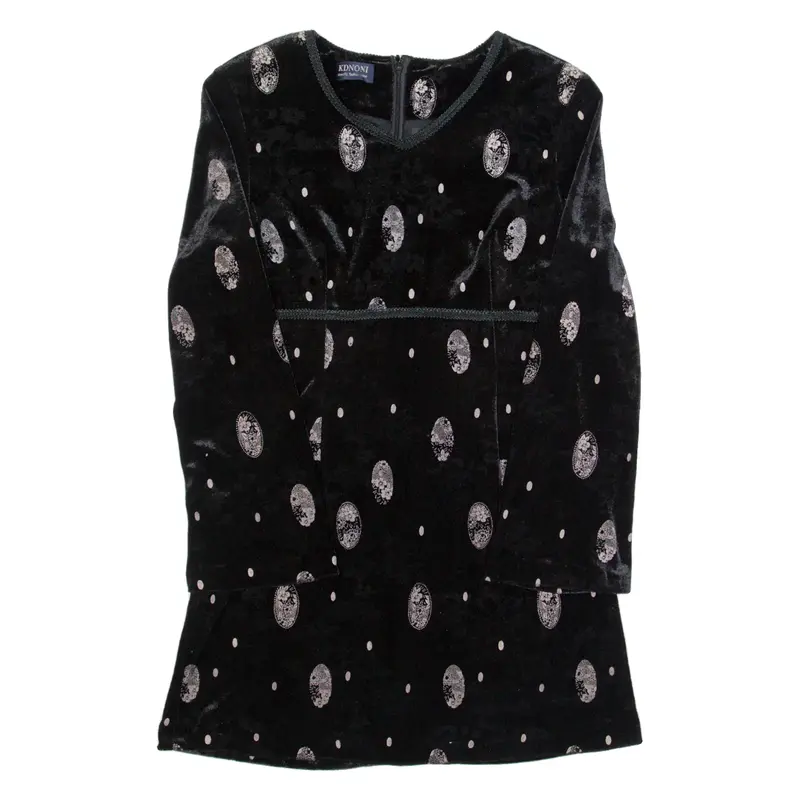 DHONI Womens Fit & Flare Dress Black Velvet Spotted Long Sleeve Knee Length M