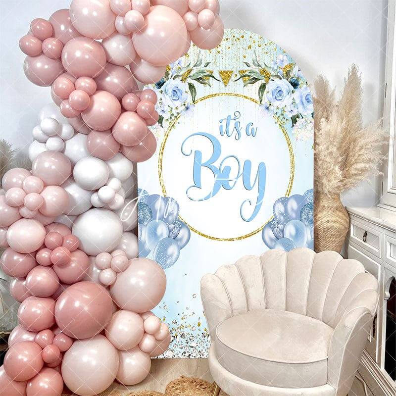 Blue Gold Floral Its A Boy Baby Shower Arch Backdrop