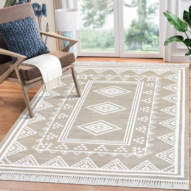 Garvee Boho Washable Area Rug, Non-Slip Moroccan Tribal Carpet with Tassels, Stain-Resistant Farmhouse Geometric Floor Cover,...