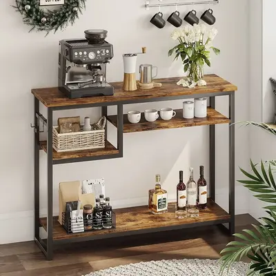 Bestier Narrow Console Table Buffet Sideboard Side Desk Entryway Table with 4 Storage Shelves & 2 Hooks, Rustic Bestier