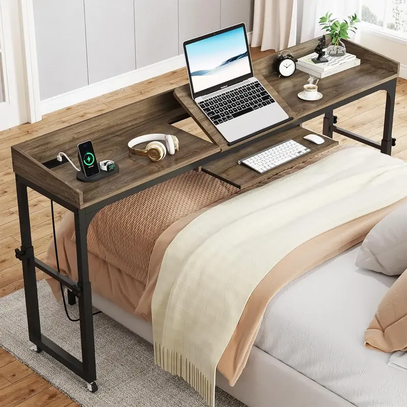 Tribesigns Height Adjustable Overbed Table with Wheels, Queen Size Mobile Over Bed Desk with Adjustable Tilt Stand, Outlets &...