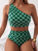 Swimsuit contrast color plaid full body print high-end vest split bikini