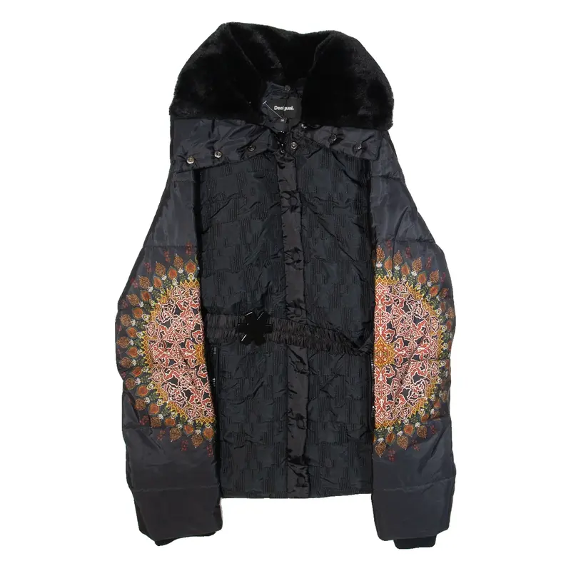 DESIGUAL Womens Puffer Jacket Black Fair Isle L