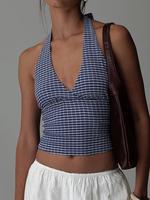 Women's Striped Print Backless Halter Crop Top, Casual Sleeveless Cropped Top for Summer, Fashion Women's Top for Daily Wear