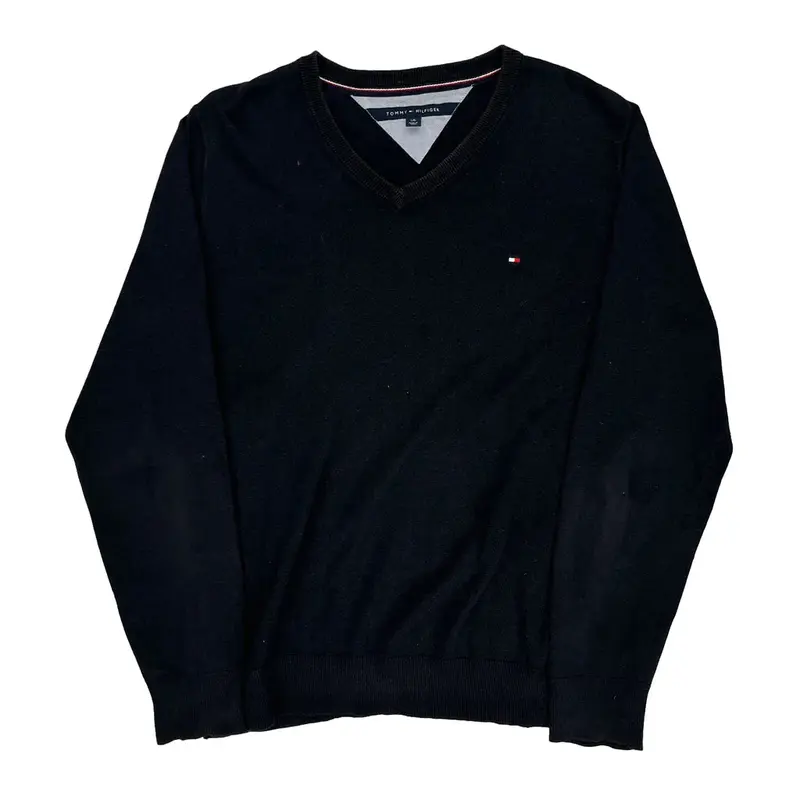 Tommy Hilfiger V-Neck Jumper - Large Black Cotton Blend
