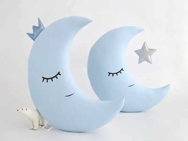 Light Blue Crescent Moon Pillow with Crown or Star