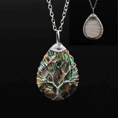 Natural Paua Shell Copper Wire Wrapped Tree of Life Teardrop Pendant Necklaces