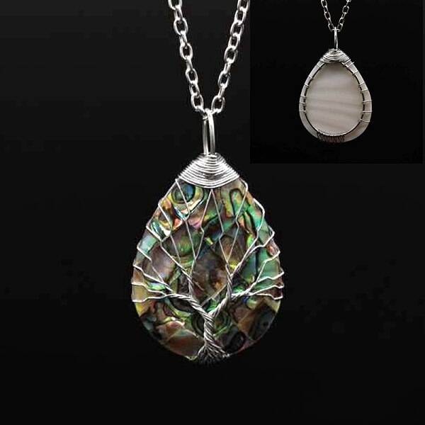 Natural Paua Shell Copper Wire Wrapped Tree of Life Teardrop Pendant Necklaces