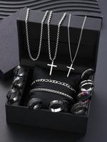 Punk Style Stainless Steel Jewelry Set (14pcs), Accessories for Men, Boyfriend Gifts, Fashion Cross Pendant Necklace Hand Cha...