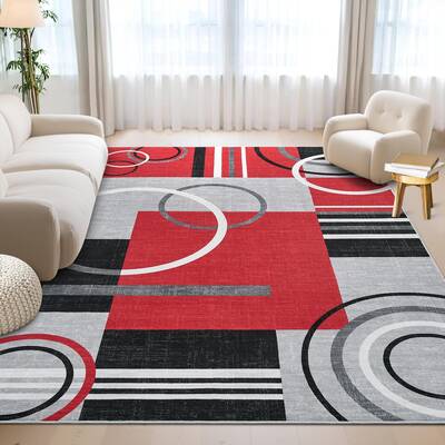 Garvee Modern Red 6x9 Washable Abstract Circle Rug for Living Room - Non-Slip, Low Pile - Soft, Stain Resistant - Durable, No...
