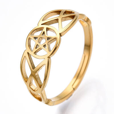 Ion Plating(IP) 304 Stainless Steel Hollow Out Pentagram Adjustable Ring for Women