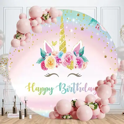 Aperturee Rainbow Color Unicorn Circle Happy Birthday Backdrop