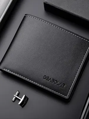 Men's Chic Solid Color Letter Embossed Short Wallet, Minimalist Bifold Wallet With Card Holder, Business All-match Pu Leather...